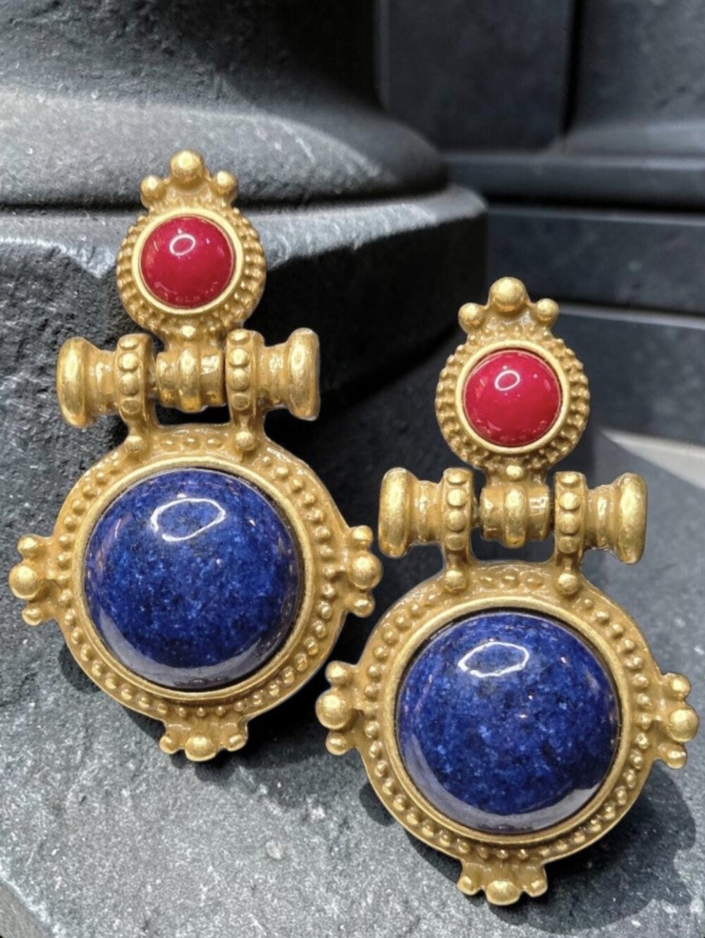 Matte Gold Plated Byzantine Revival Lapis Lazuli Coral Doorknocker Earrings
